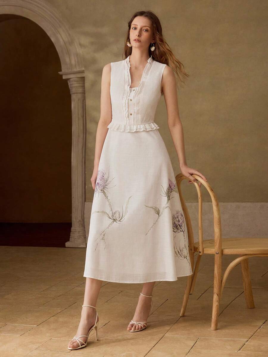 Vestido Midi Premium - Gola Babado e Estampa Elegante