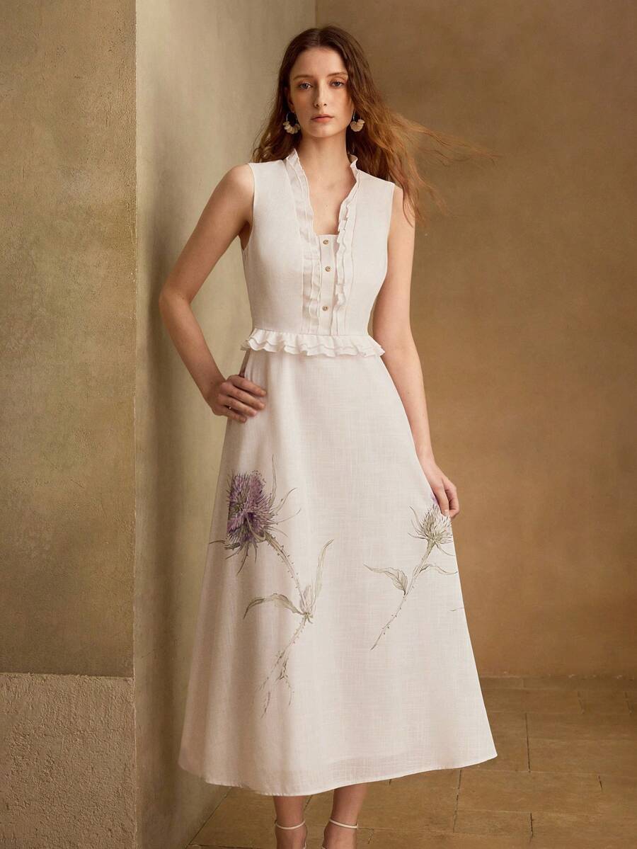 Vestido Midi Premium - Gola Babado e Estampa Elegante