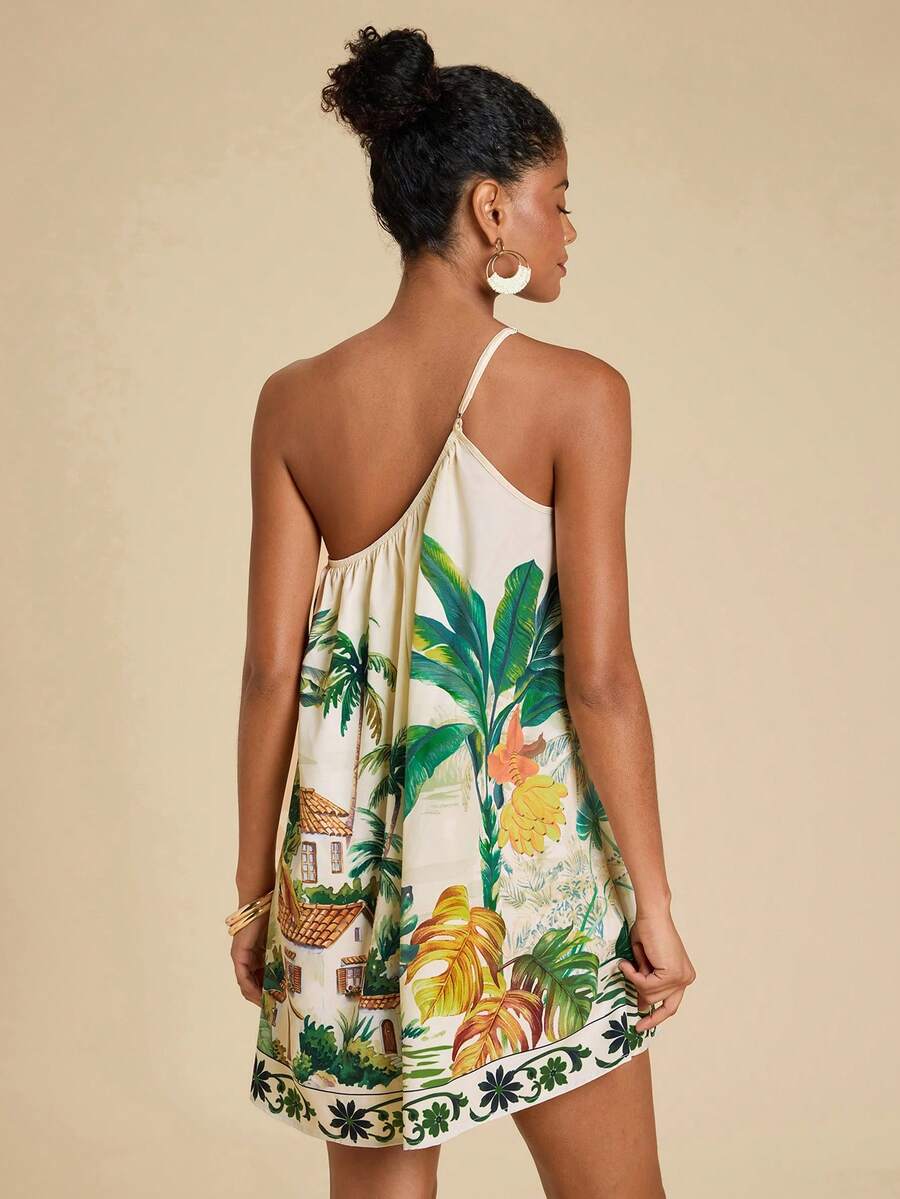 Vestido Curto Tropical de Um Ombro – Leve e Solto | Essenciais Urbanos