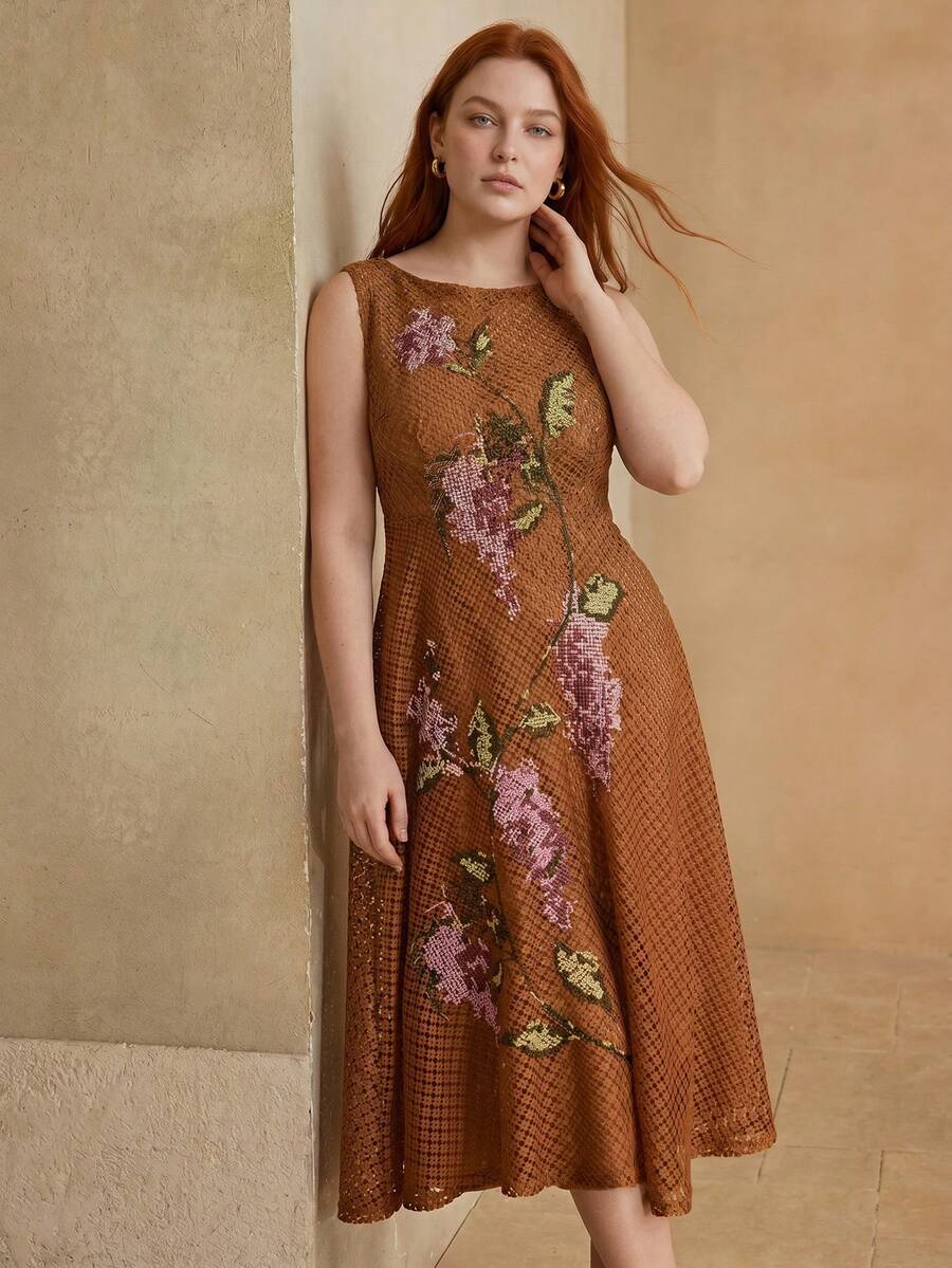 Vestido Elegante Plus Size - Bordado Floral Premium