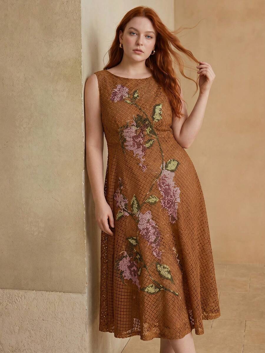 Vestido Elegante Plus Size - Bordado Floral Premium