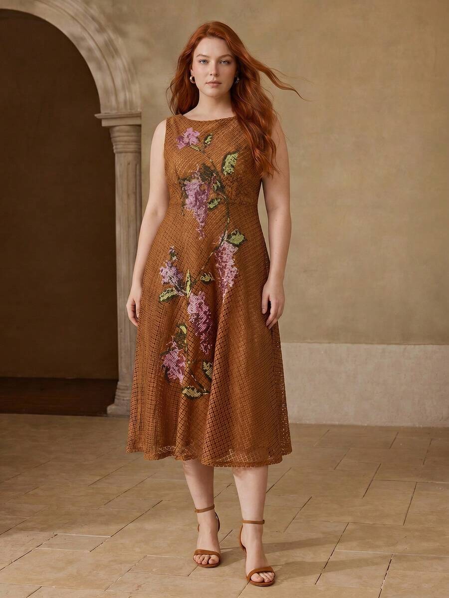 Vestido Elegante Plus Size - Bordado Floral Premium