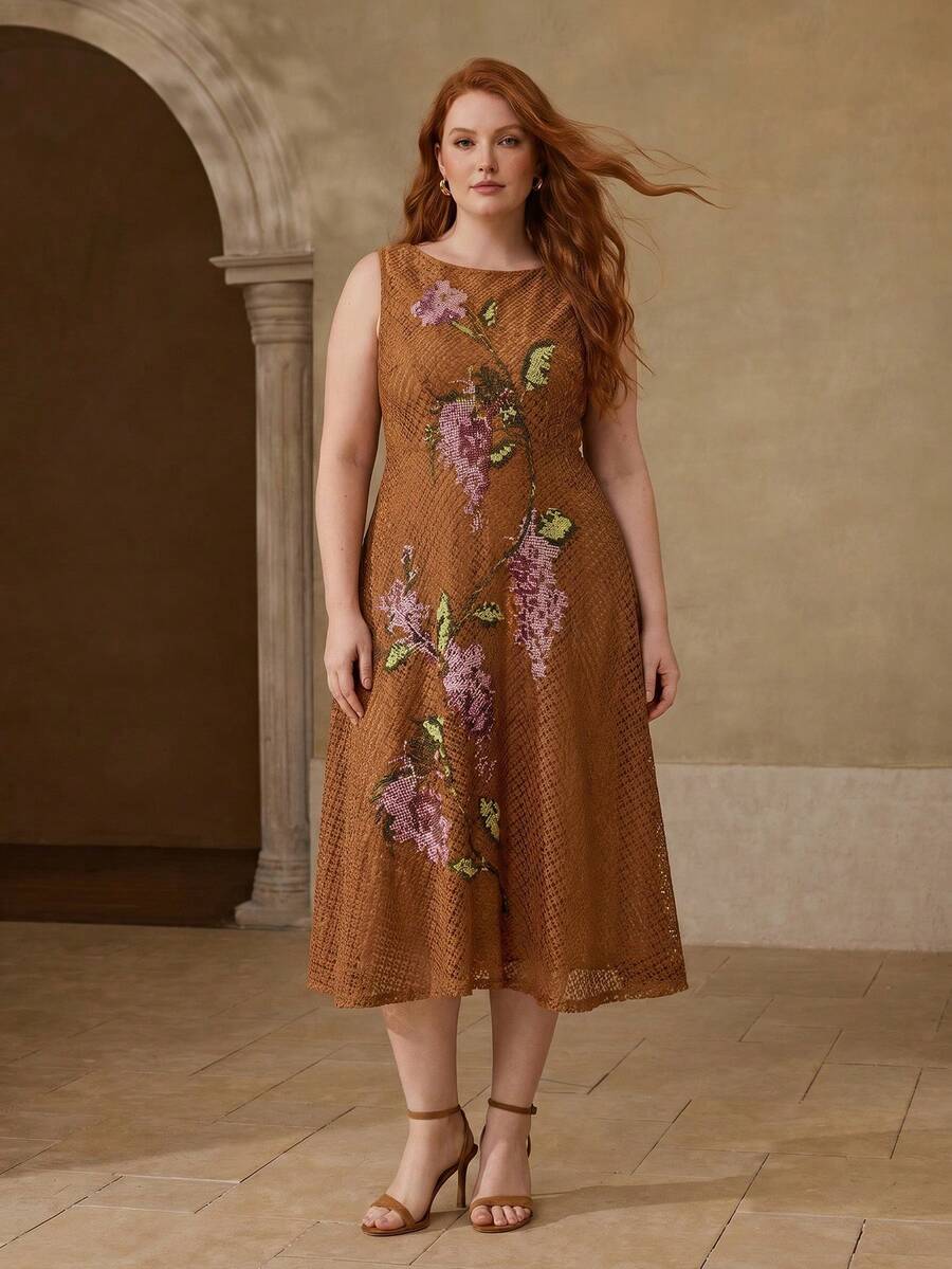 Vestido Elegante Plus Size - Bordado Floral Premium