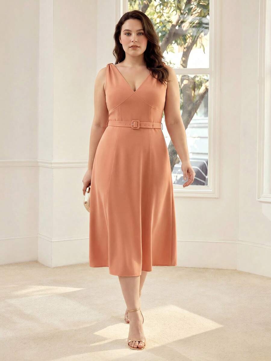 Vestido Midi Casual - Decote V e Nó Torcido