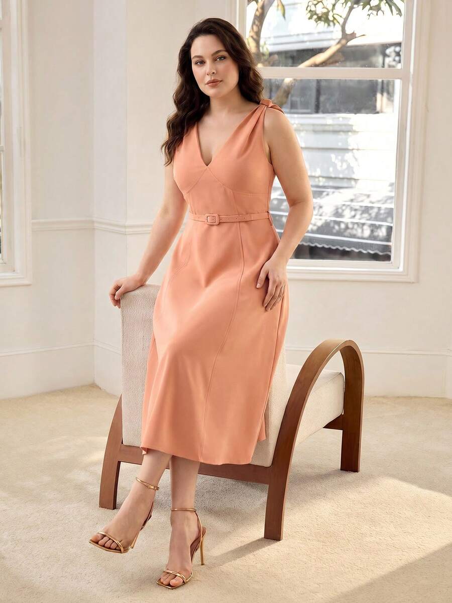 Vestido Midi Casual - Decote V e Nó Torcido