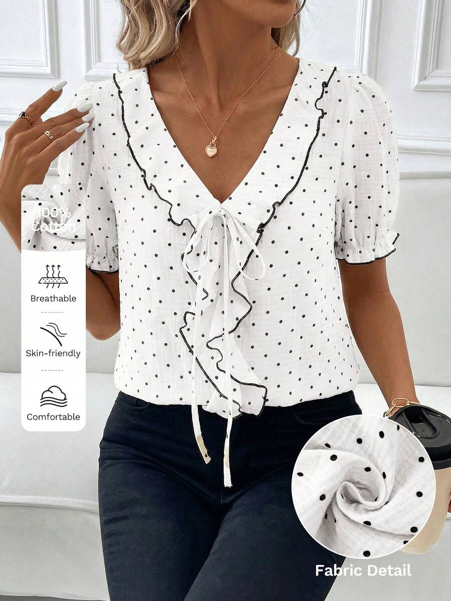 Blusa Casual Elegante - Gola de Renda e Acabamento Franzido
