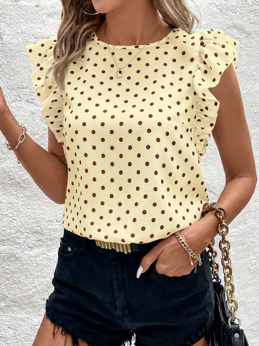 Blusa Casual Feminina - Estampa de Bolinhas e Babado Elegante