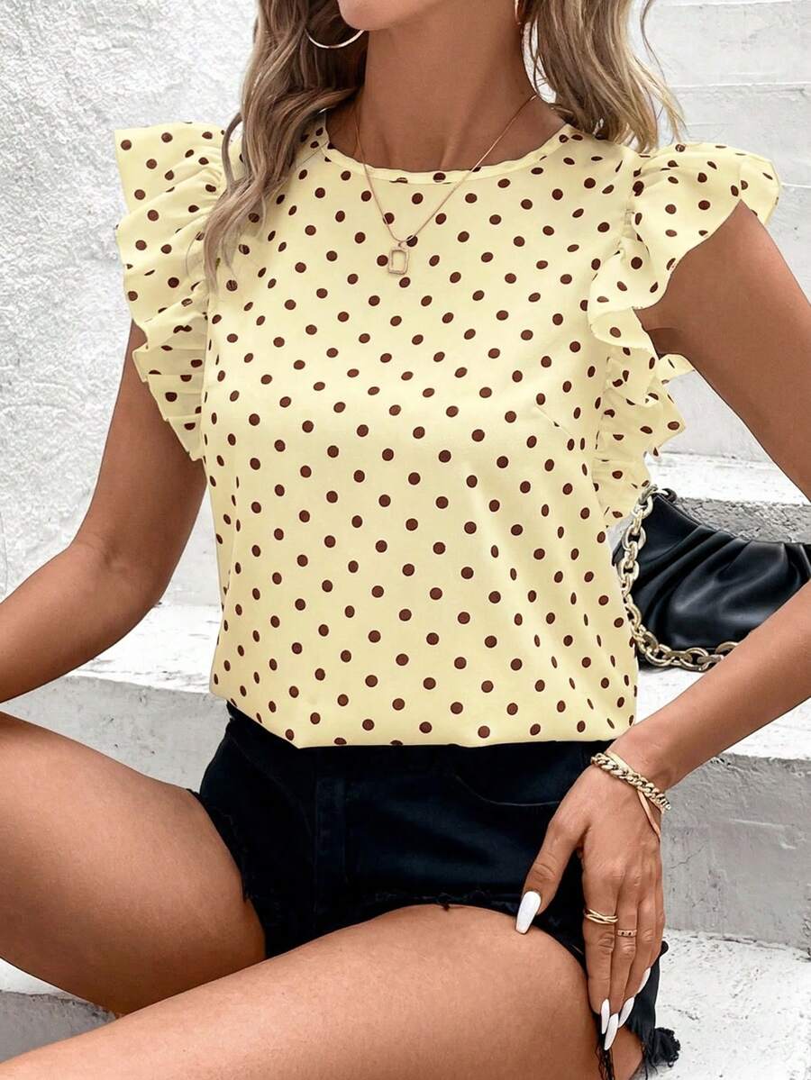 Blusa Casual Feminina - Estampa de Bolinhas e Babado Elegante