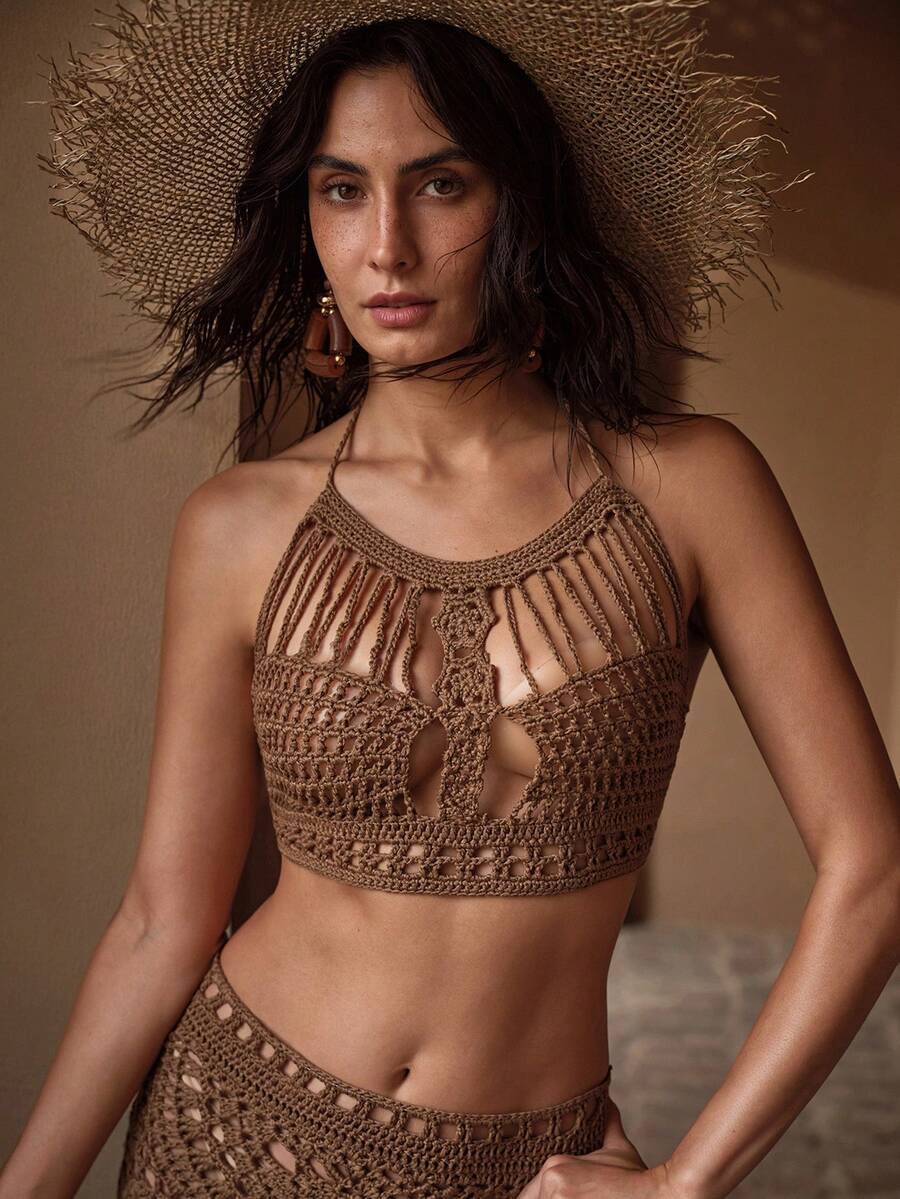 Conjunto de Crochê Premium - Top Halter e Saia Texturizada