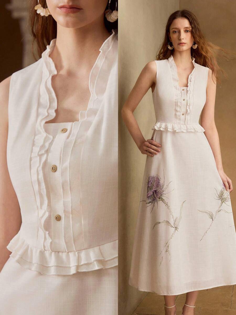 Vestido Midi Premium - Gola Babado e Estampa Elegante