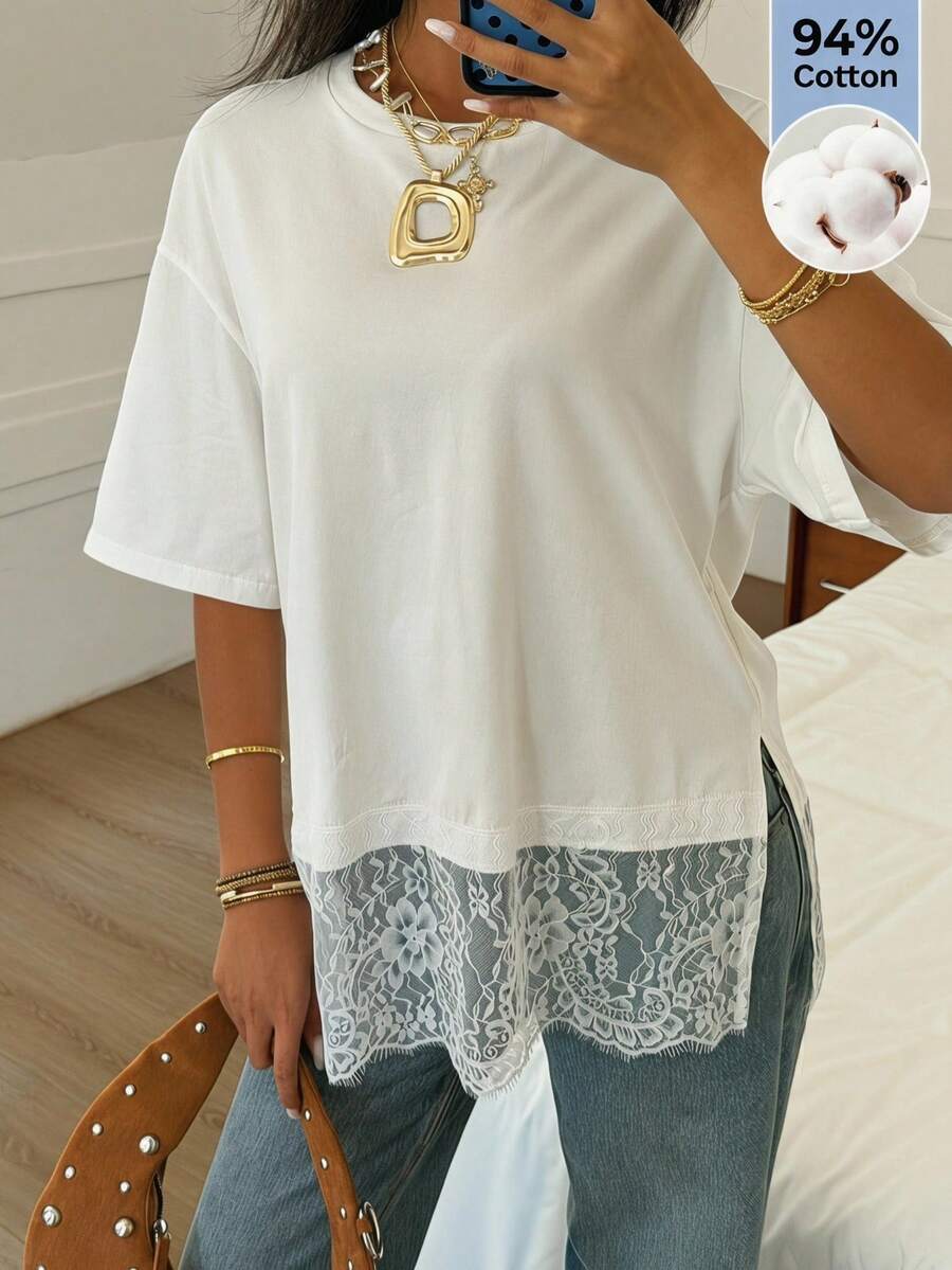 Camiseta de Malha Premium - Renda de Bolinhas Elegante