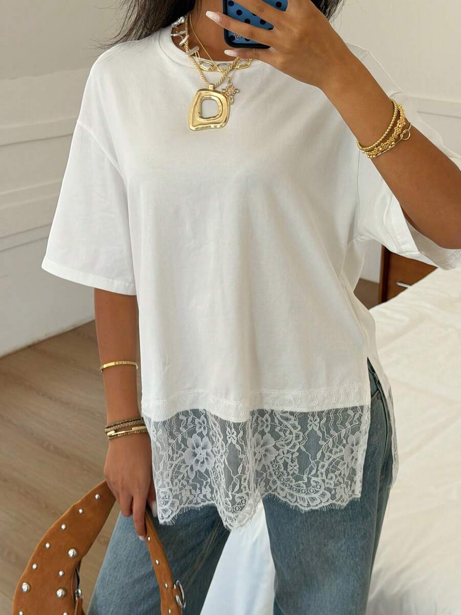 Camiseta de Malha Premium - Renda de Bolinhas Elegante