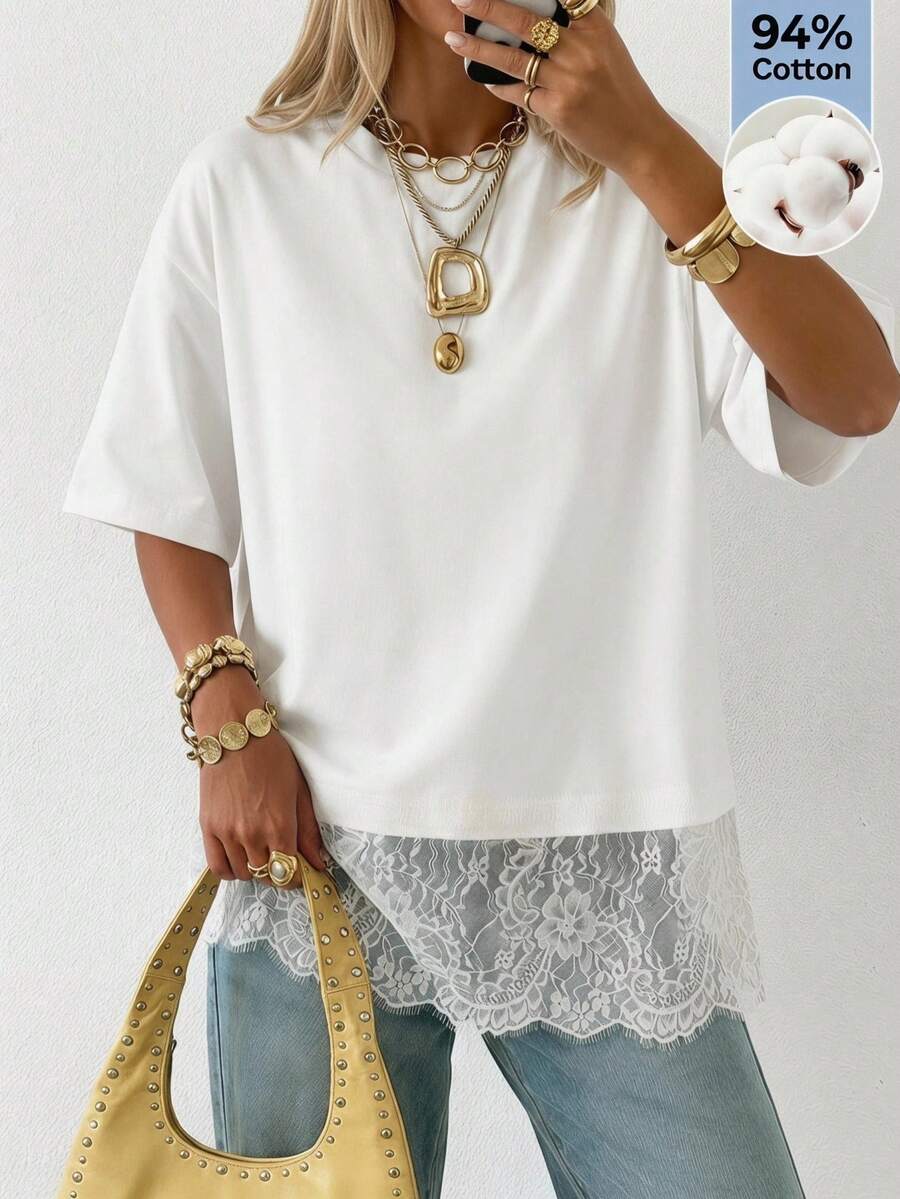 Camiseta de Malha Premium - Renda de Bolinhas Elegante