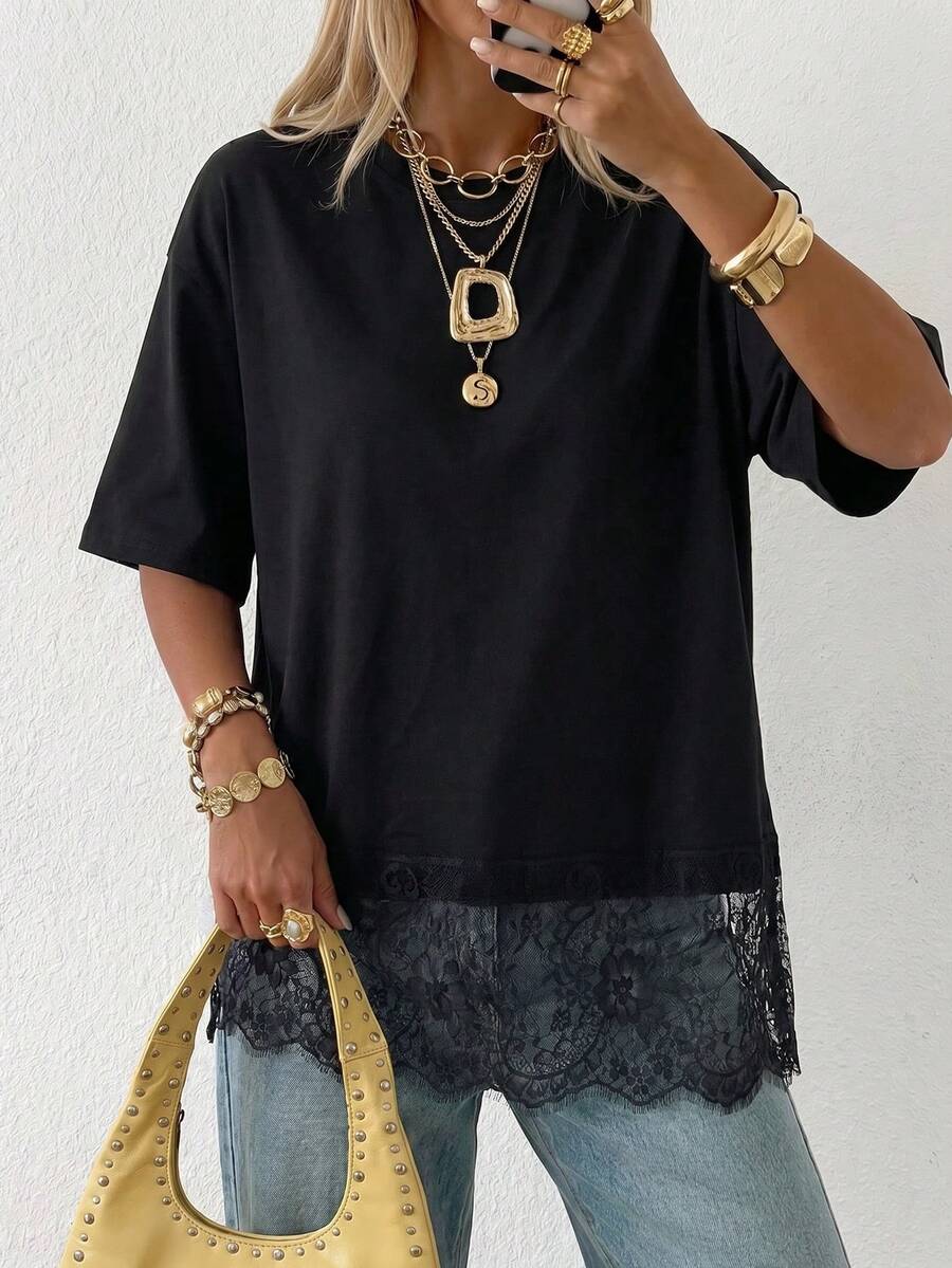 Camiseta de Malha Premium - Renda de Bolinhas Elegante