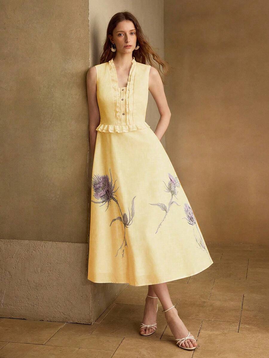 Vestido Midi Premium - Gola Babado e Estampa Elegante