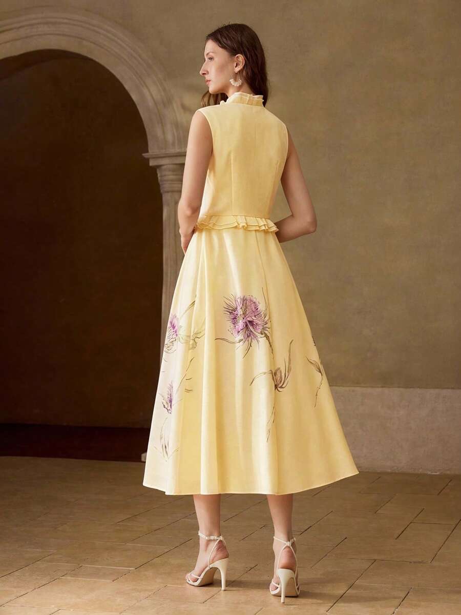Vestido Midi Premium - Gola Babado e Estampa Elegante