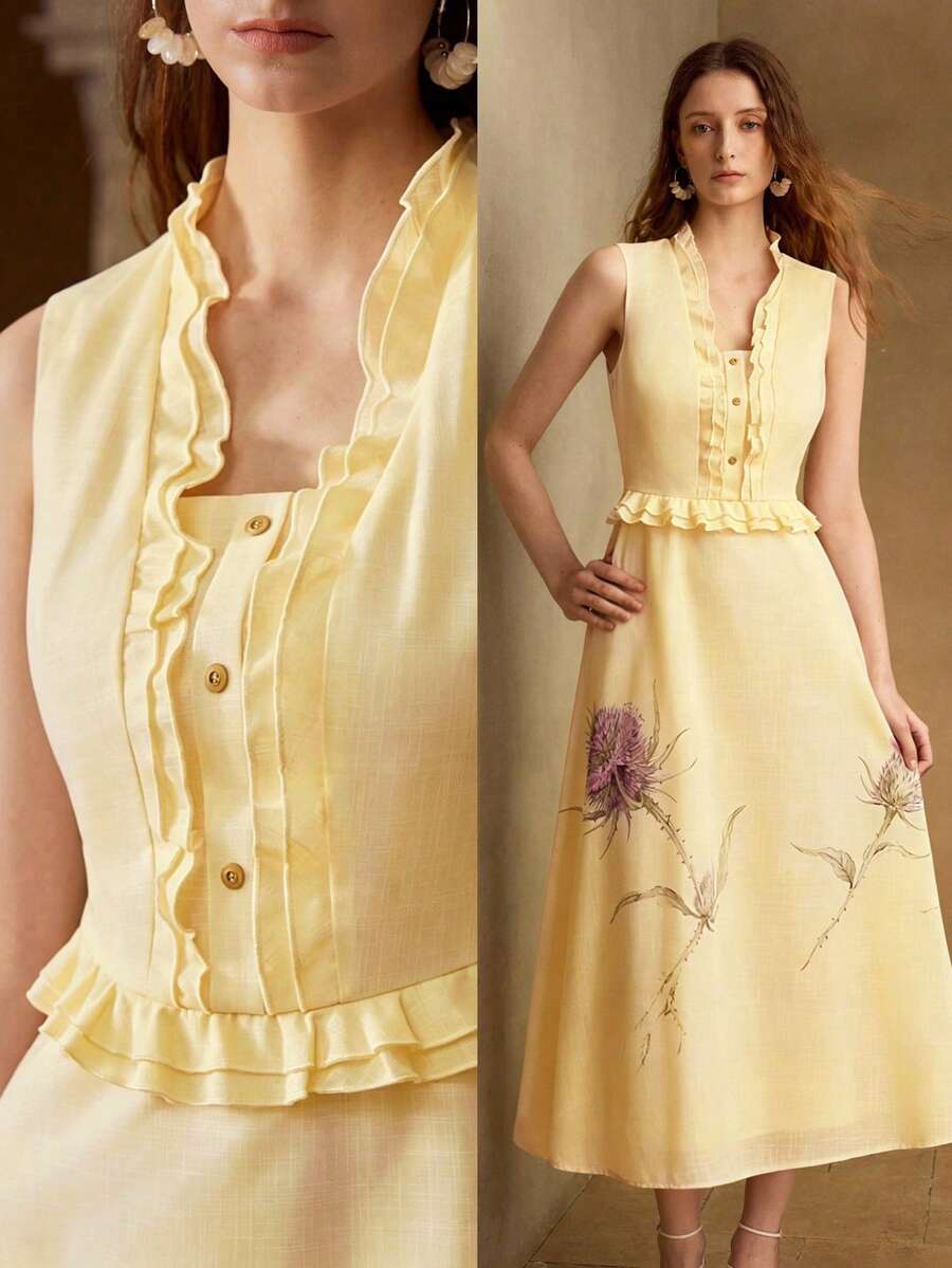 Vestido Midi Premium - Gola Babado e Estampa Elegante