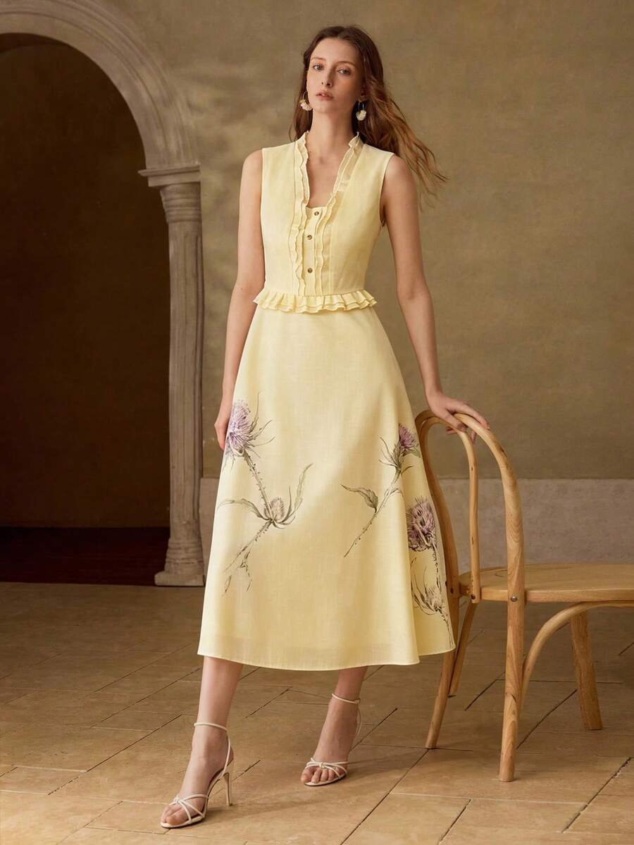 Vestido Midi Premium - Gola Babado e Estampa Elegante