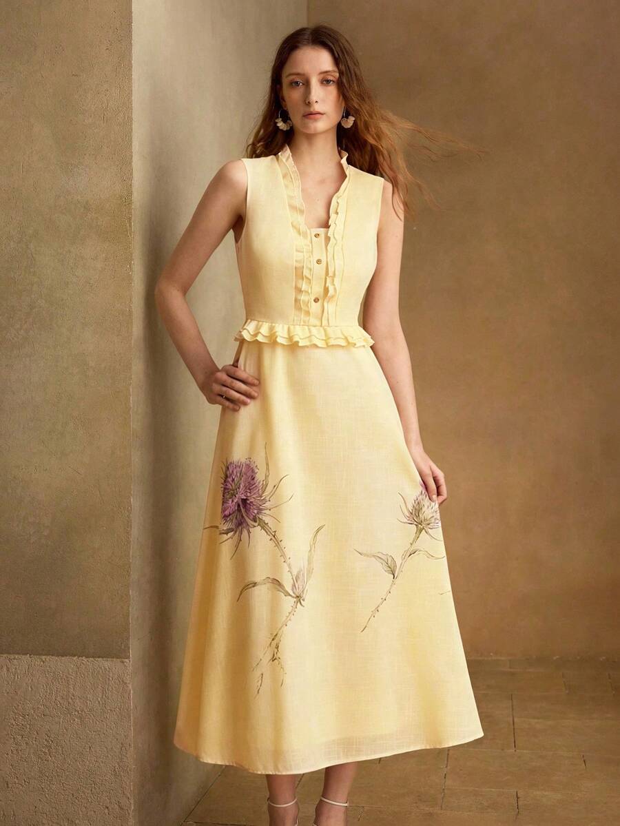 Vestido Midi Premium - Gola Babado e Estampa Elegante