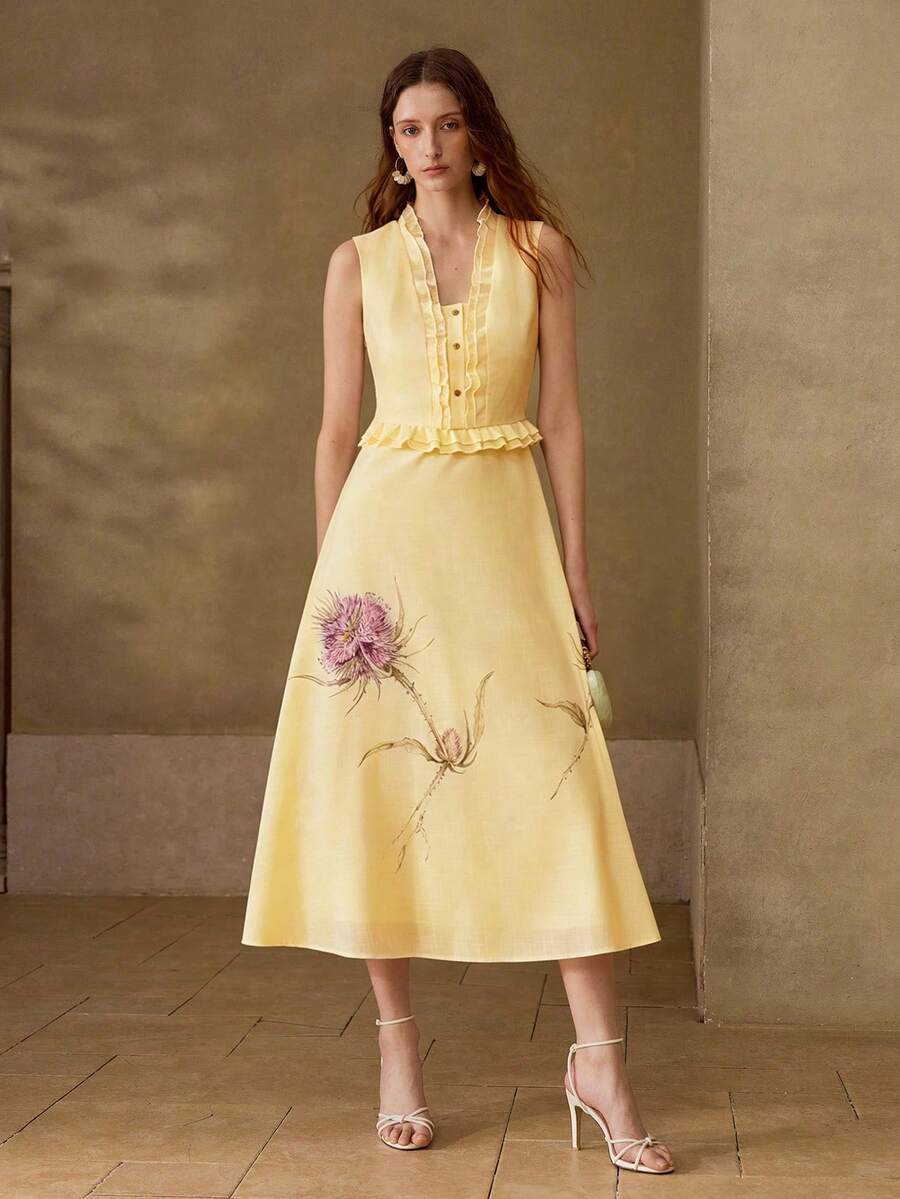 Vestido Midi Premium - Gola Babado e Estampa Elegante
