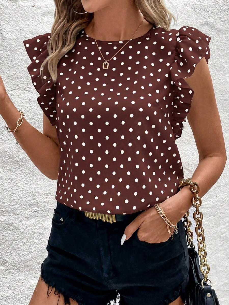 Blusa Casual Feminina - Estampa de Bolinhas e Babado Elegante