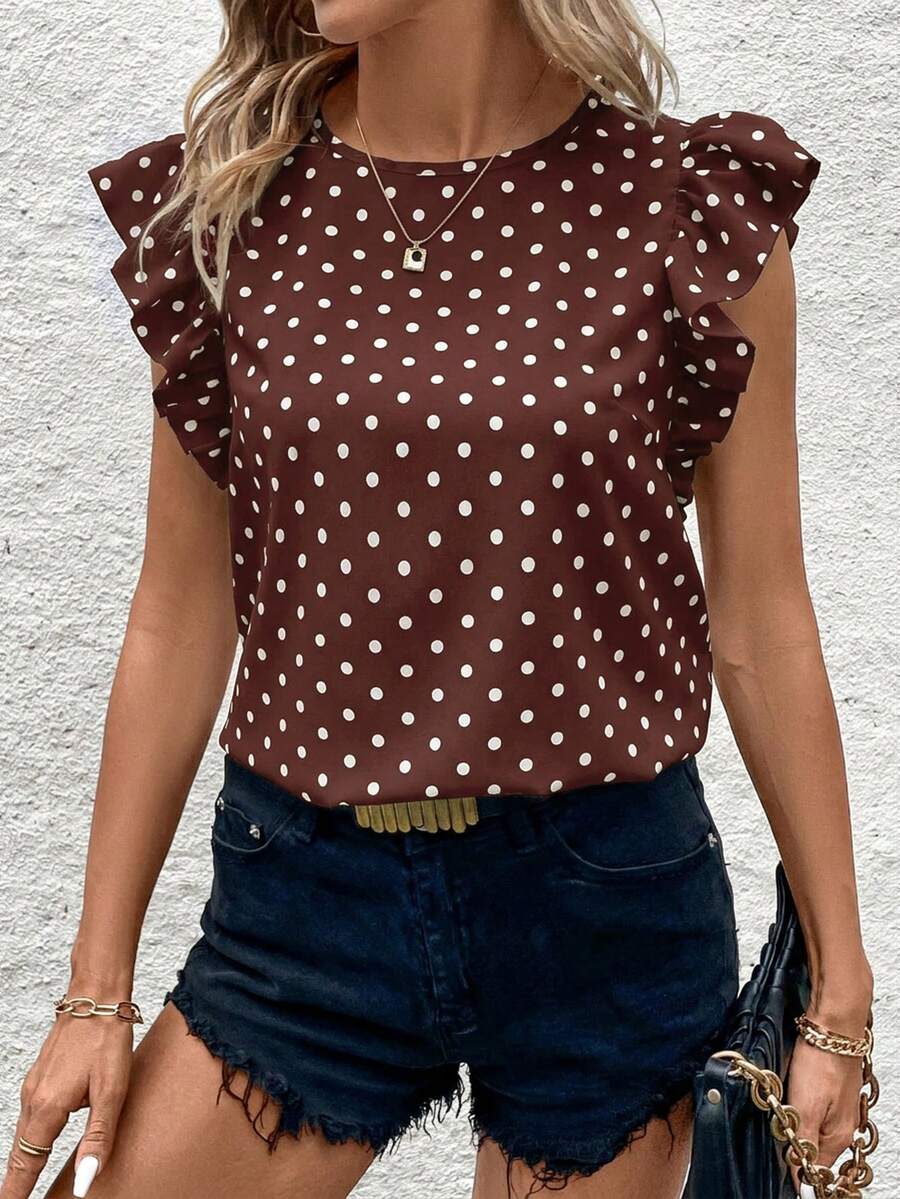 Blusa Casual Feminina - Estampa de Bolinhas e Babado Elegante