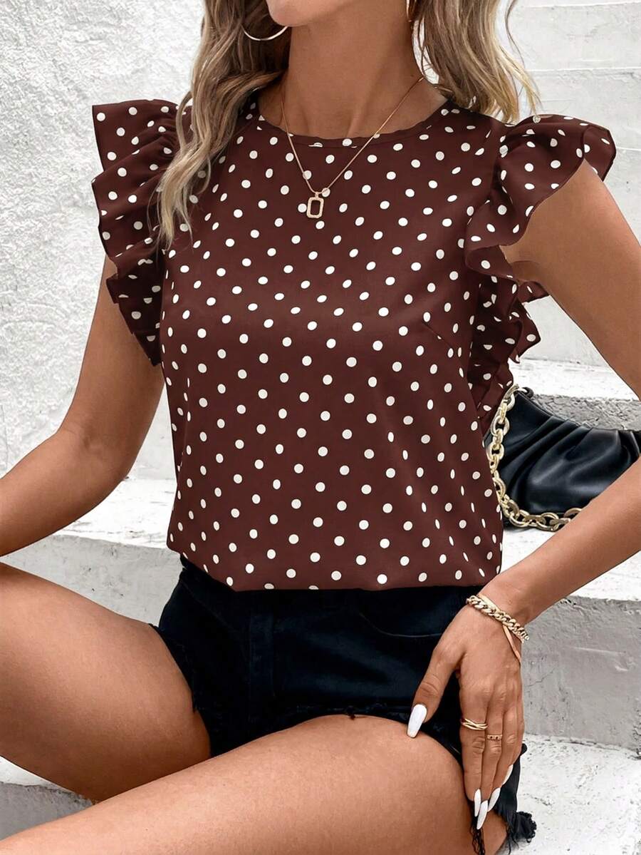 Blusa Casual Feminina - Estampa de Bolinhas e Babado Elegante