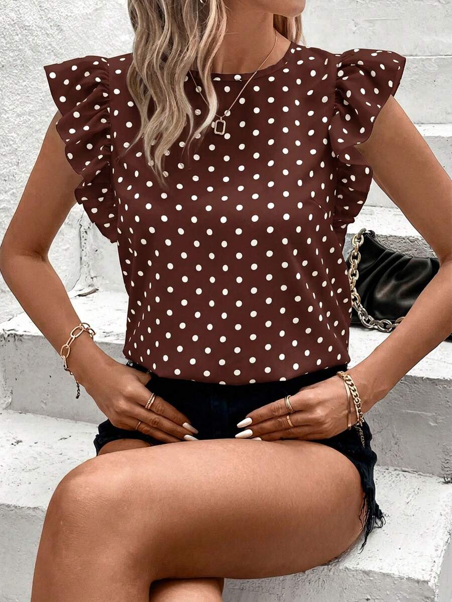 Blusa Casual Feminina - Estampa de Bolinhas e Babado Elegante