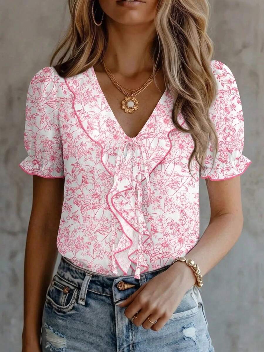 Blusa Casual Elegante - Gola de Renda e Acabamento Franzido