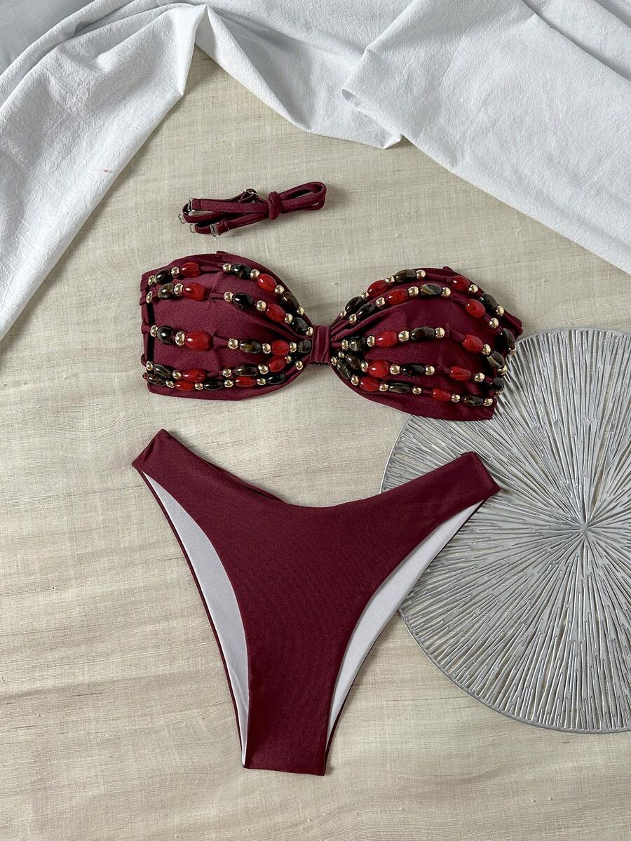 SHEIN Swim Conjunto de Maiô Chiccia Feminino Cor Sólida Alça de Ombro Ajustável Decoração com Contas Elegante Tropical Sexy Festa na Praia Verão Borgonha Rosa Escuro