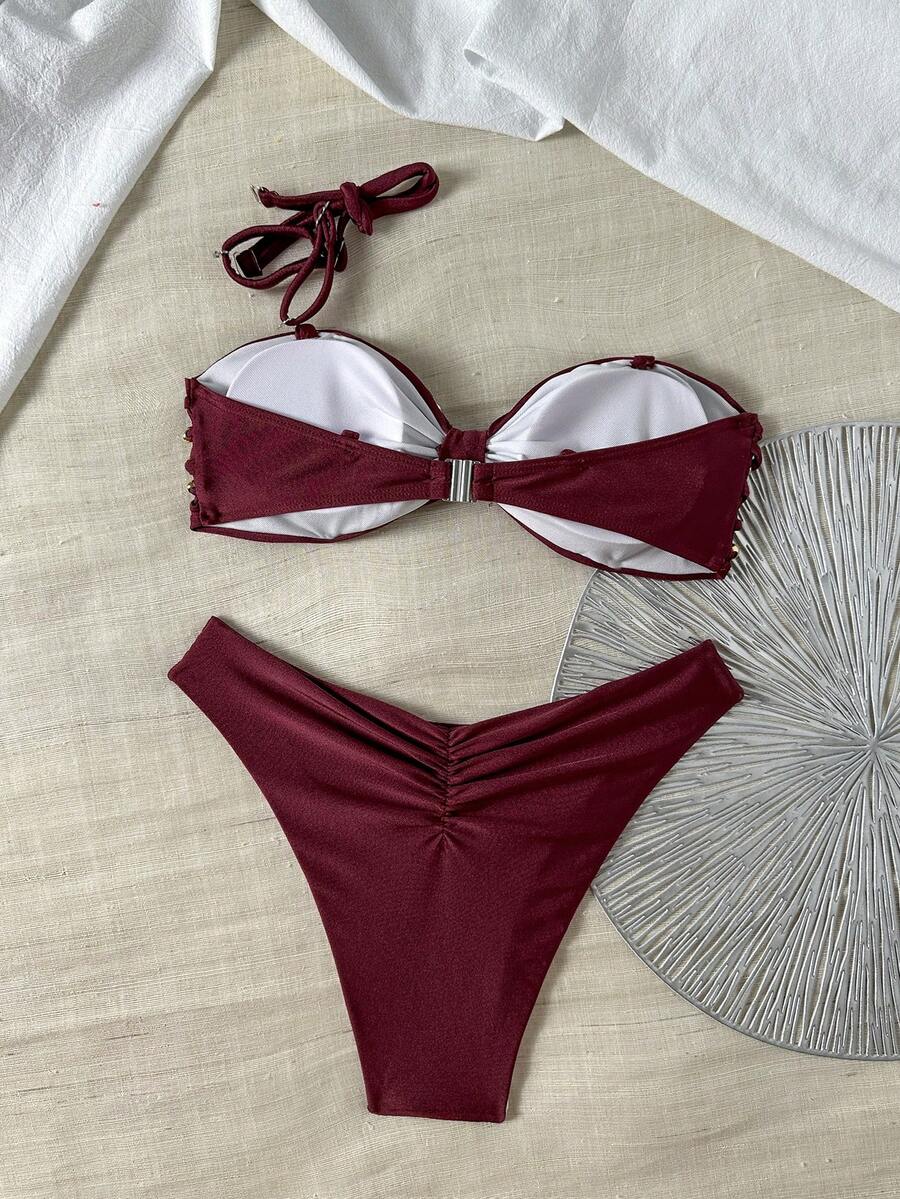 SHEIN Swim Conjunto de Maiô Chiccia Feminino Cor Sólida Alça de Ombro Ajustável Decoração com Contas Elegante Tropical Sexy Festa na Praia Verão Borgonha Rosa Escuro