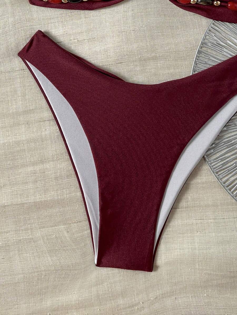 SHEIN Swim Conjunto de Maiô Chiccia Feminino Cor Sólida Alça de Ombro Ajustável Decoração com Contas Elegante Tropical Sexy Festa na Praia Verão Borgonha Rosa Escuro