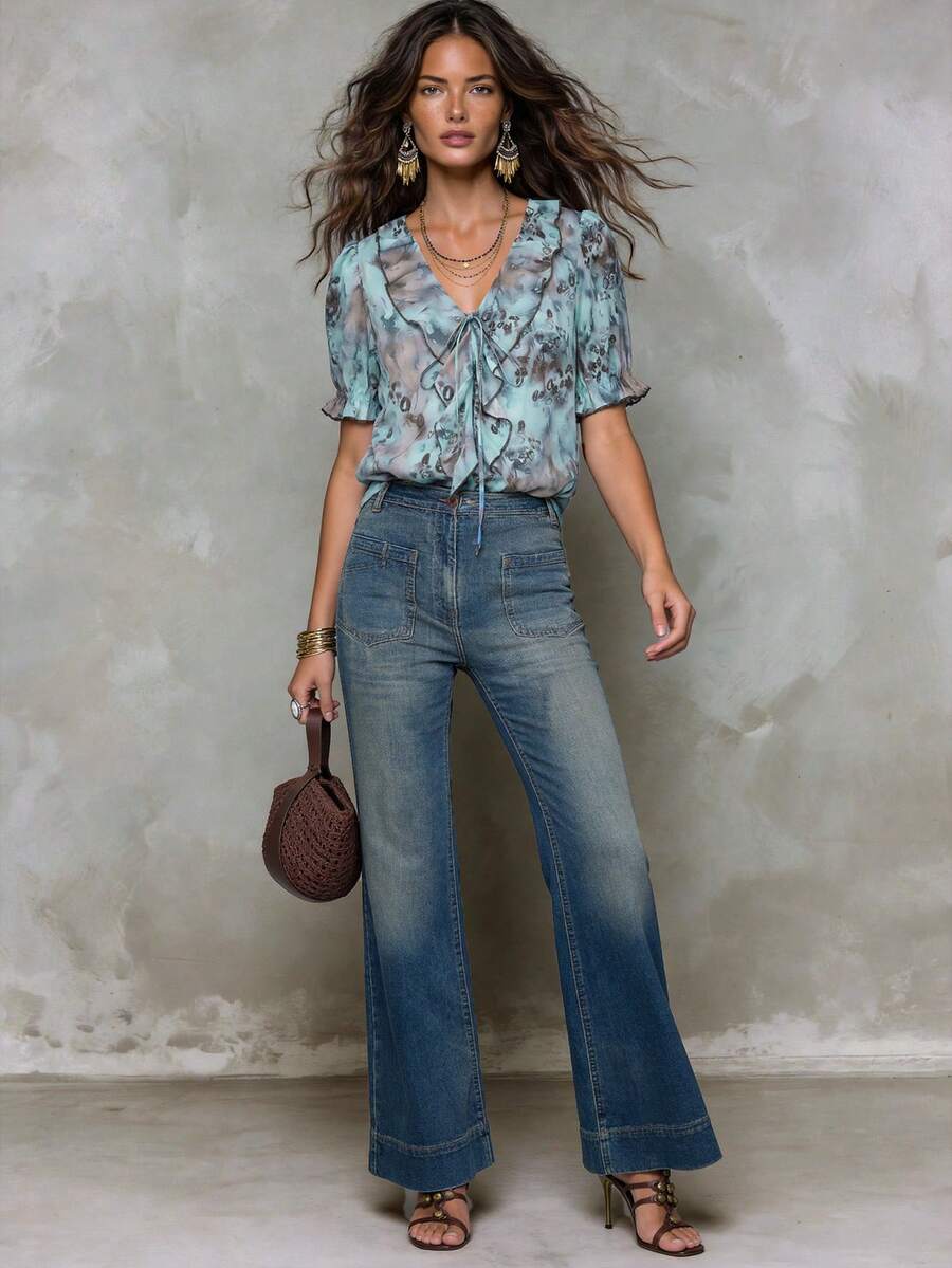 Blusa Casual Elegante - Gola de Renda e Acabamento Franzido