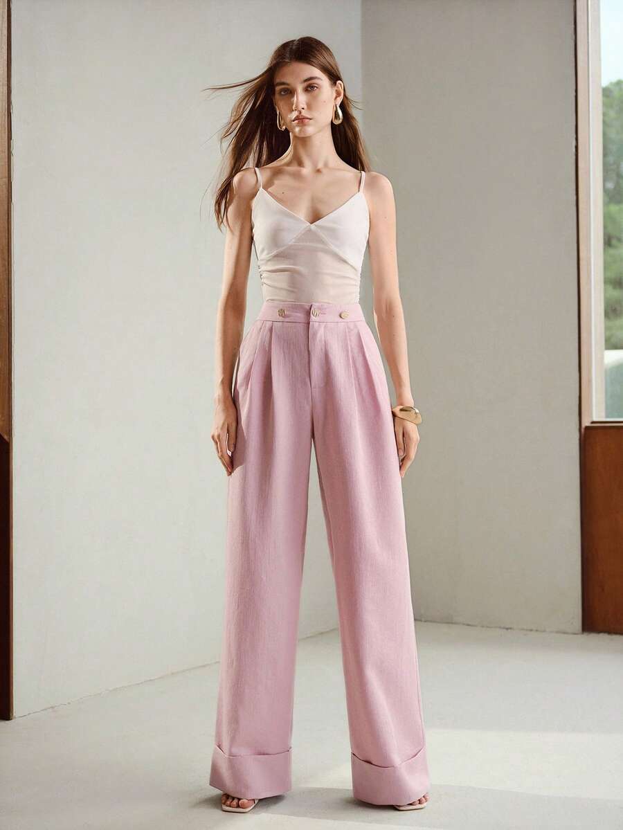 Calça Social Feminina - Perna Larga com Punho e Botão Metálico