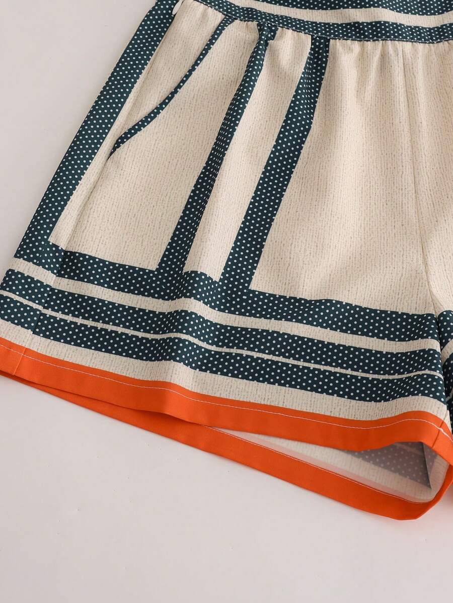 SHEIN LUNE Conjunto Casual Boêmio com Estampa para Férias Feminino, Top Sem Mangas com Decote em V e Shorts, 2 Peças, Estilo de Verão