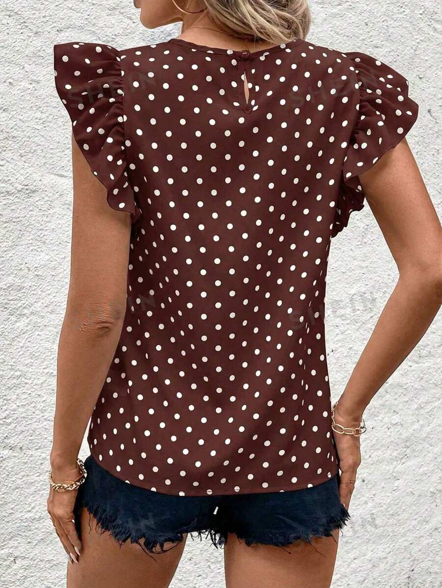 Blusa Casual Feminina - Estampa de Bolinhas e Babado Elegante