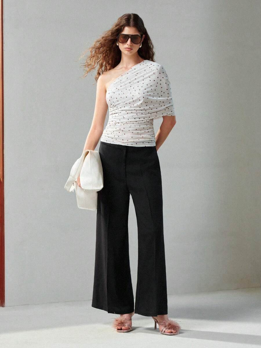Top Feminino Premium - Um Ombro Só com Estampa de Poá