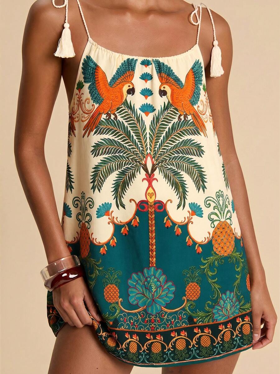 Vestido de Praia Feminino - Estampa de Palmeira e Detalhe de Nó