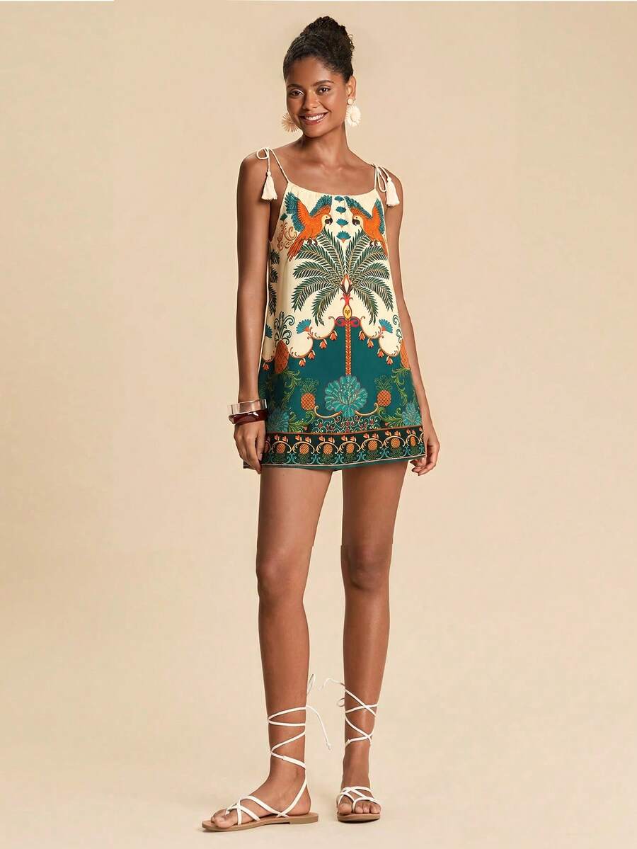Vestido de Praia Feminino - Estampa de Palmeira e Detalhe de Nó