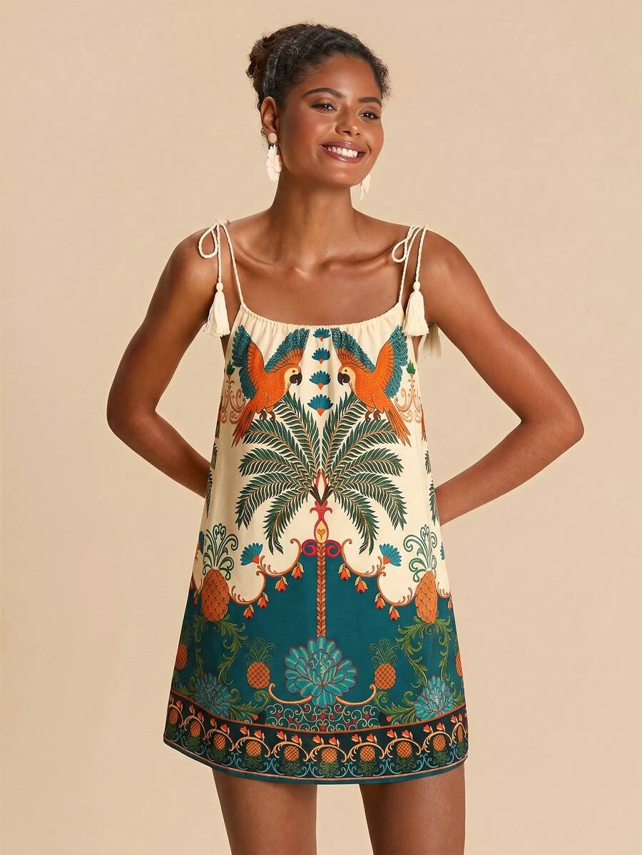 Vestido de Praia Feminino - Estampa de Palmeira e Detalhe de Nó
