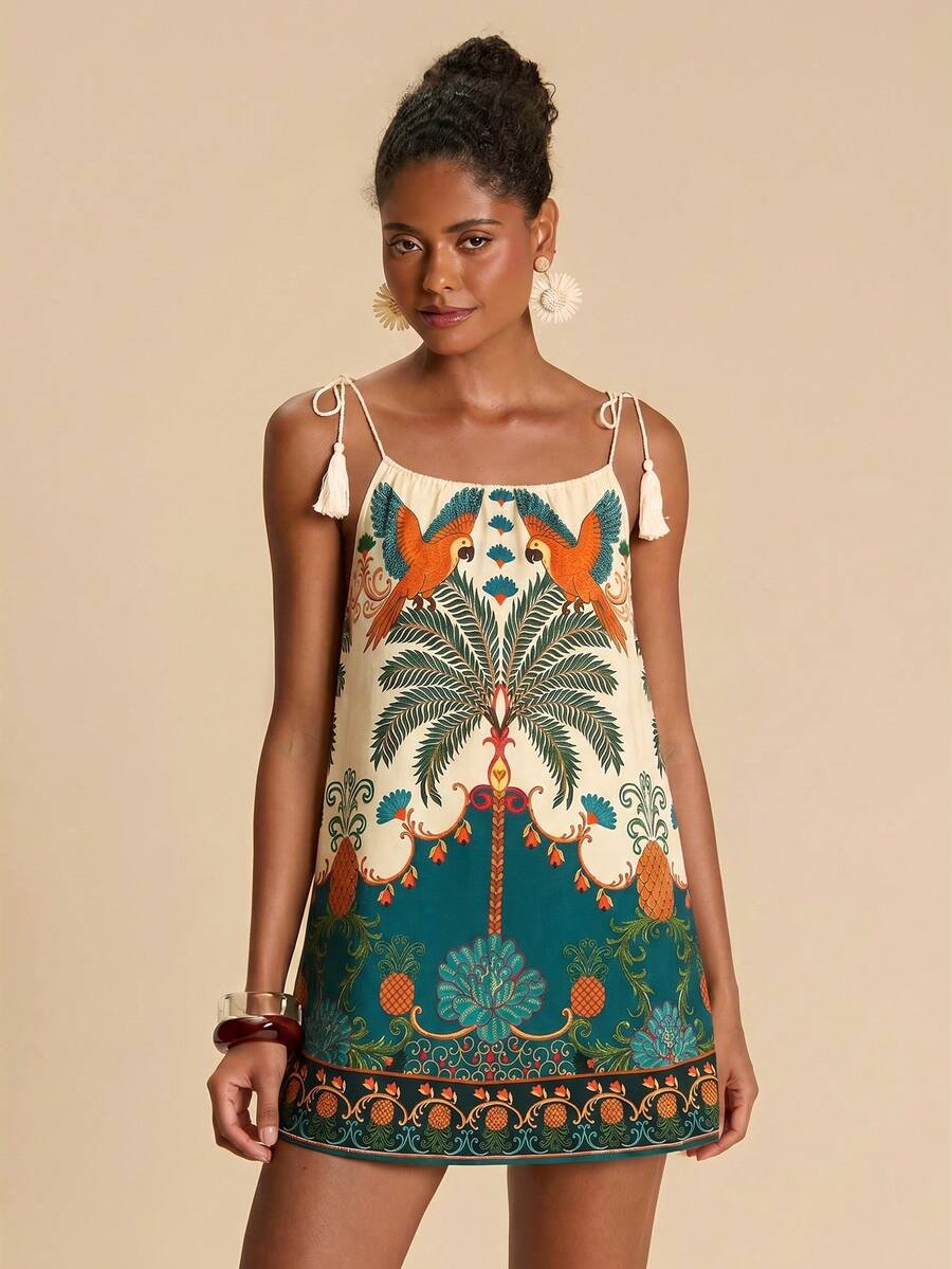 Vestido de Praia Feminino - Estampa de Palmeira e Detalhe de Nó