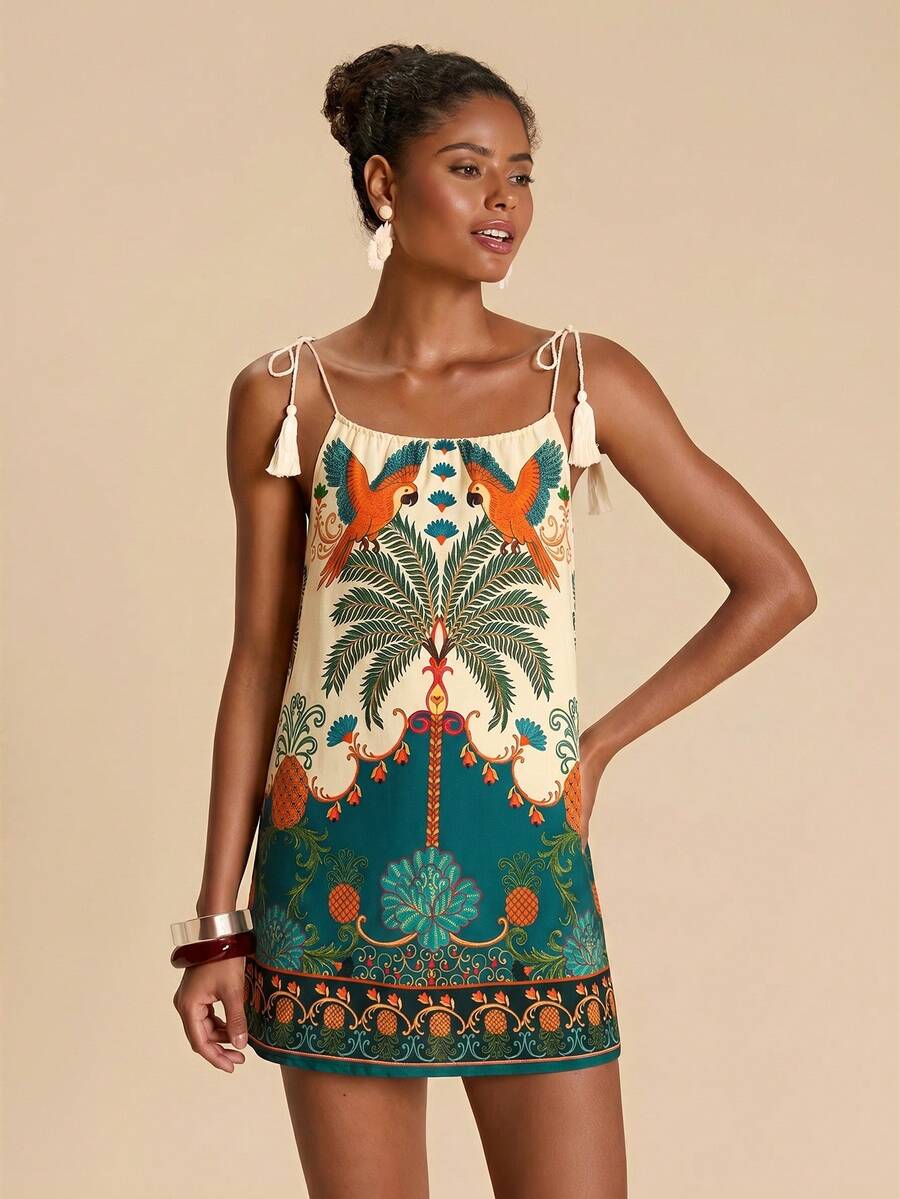Vestido de Praia Feminino - Estampa de Palmeira e Detalhe de Nó
