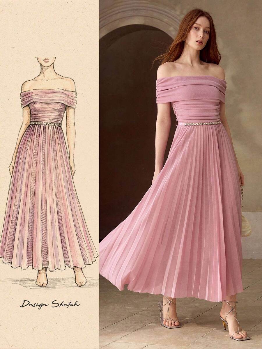 Vestido Midi Feminino - Design Franzido e Ombros à Mostra