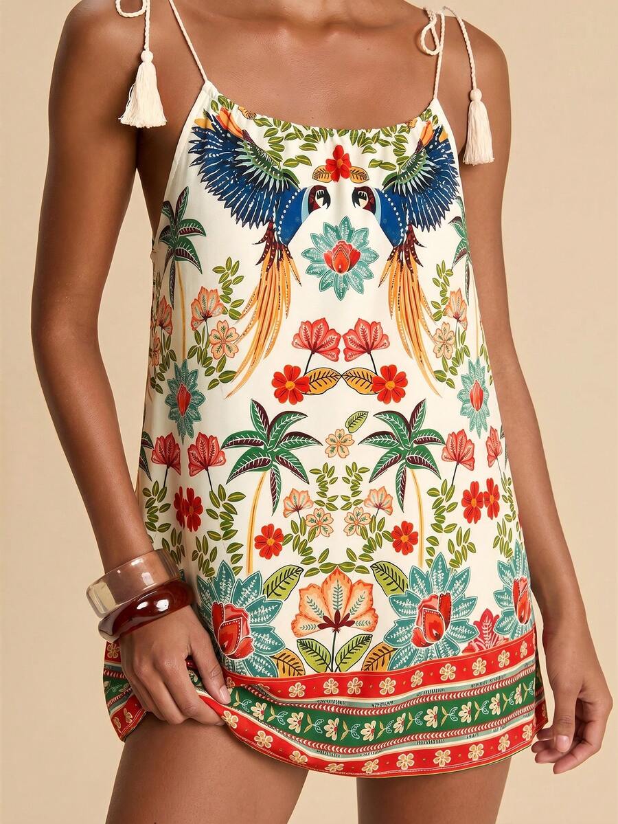 Vestido de Praia Feminino - Estampa de Palmeira e Detalhe de Nó