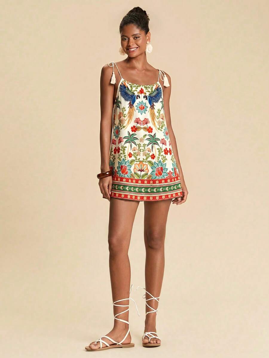 Vestido de Praia Feminino - Estampa de Palmeira e Detalhe de Nó