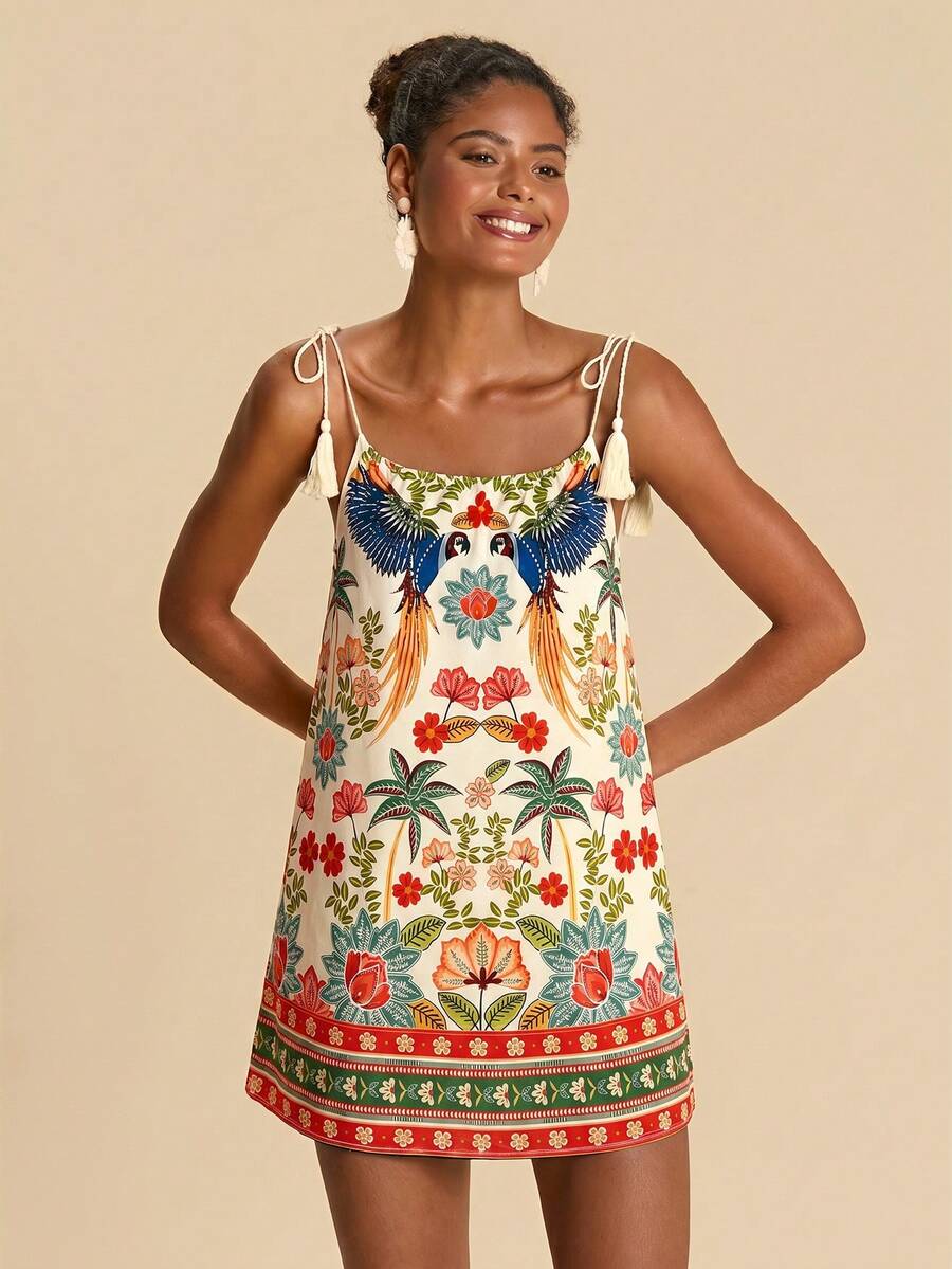 Vestido de Praia Feminino - Estampa de Palmeira e Detalhe de Nó