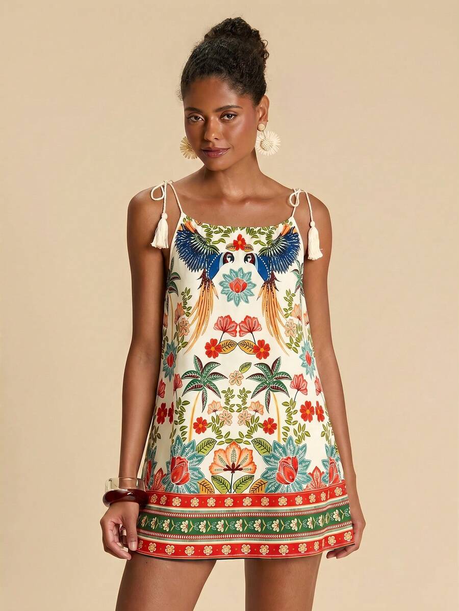 Vestido de Praia Feminino - Estampa de Palmeira e Detalhe de Nó