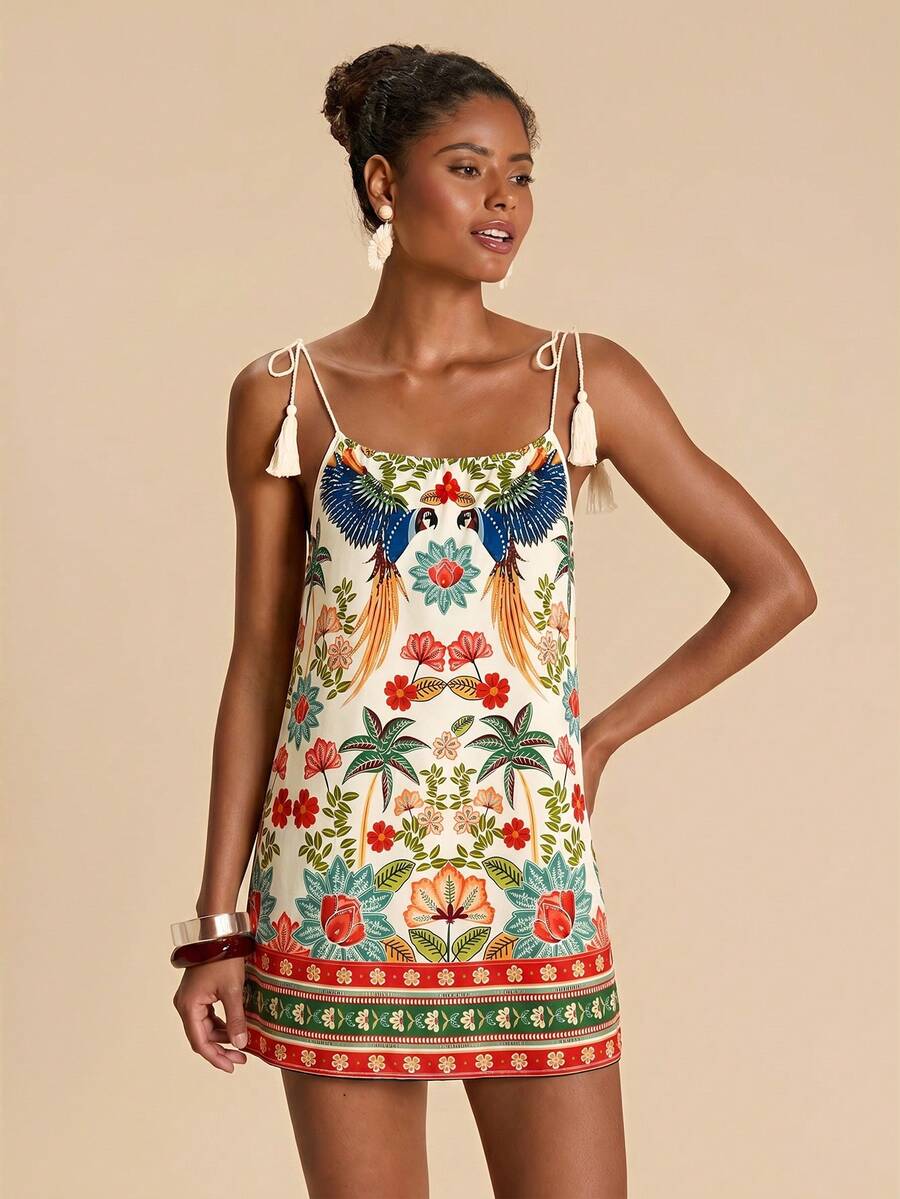 Vestido de Praia Feminino - Estampa de Palmeira e Detalhe de Nó