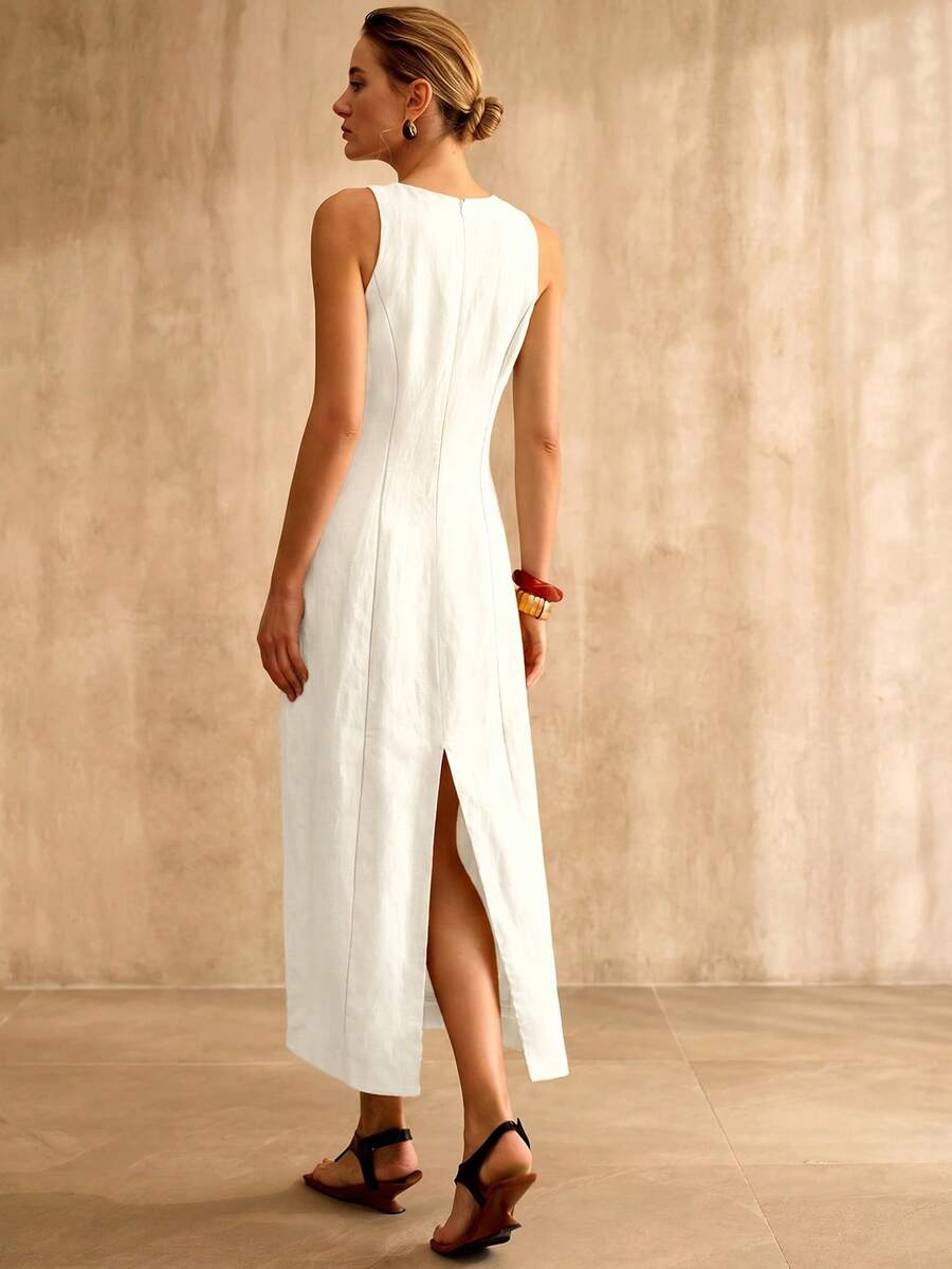 Vestido de Verão Feminino - Linho Misto com Bainha Dividida