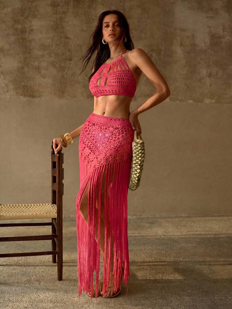Conjunto de Crochê Premium - Top Halter e Saia Texturizada